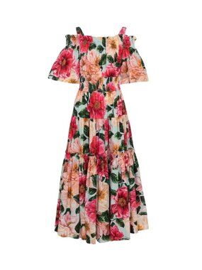 Dolce & Gabbana Floral Midi Dress Womens 38 2 US Pink Green Cotton Poplin Flared